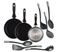 Well Home Ensemble de 3 poêles Ø16Ø20Ø24cm en aluminium embouti gris métallisé + 6 ustensiles de cuisine en PBT couleur noire
