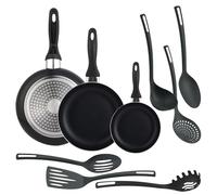 Well Home Ensemble de 3 poêles Ø16Ø20Ø24cm en aluminium embouti noir + 6 ustensiles de cuisine en PBT couleur noire
