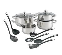 Well Home Ensemble de batterie de cuisine 7 pièces en acier inoxydable + 6 ustensiles de cuisine basiques en PBT noir