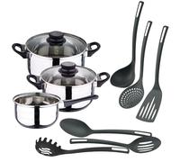 Well Home Ensemble de batterie de cuisine de 5 pièces en acier inoxydable + 6 ustensiles de cuisine basiques en PBT noir