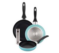 Well Home Lot de 3 poêles Ø 16 Ø 20 Ø 24 cm Aluminium pressé Bleu mat + Pulvérisateur d'huile et vinaigre Ø 4 x 17,5 cm en acier inoxydable