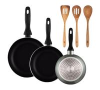 Well Home Lot de 3 poêles Ø 16 Ø 20 Ø 24 cm Aluminium pressé Gris métallisé + Set de 3 ustensiles de cuisine Acacia