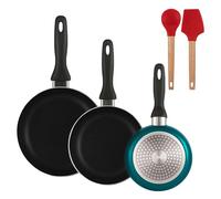 Well Home Lot de 3 poêles Ø16 Ø 20 Ø 24 cm en aluminium pressé en bleu métallisé + lot de 2 ustensiles de cuisine en silicone