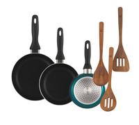 Well Home Lot de 3 poêles Ø16 Ø 20 Ø 24 cm en aluminium pressé en bleu métallisé + set 3 ustensiles de cuisine bois d'acacia
