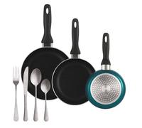 Well Home Lot de 3 poêles Ø16 Ø 20 Ø 24 cm en aluminium pressé en bleu métallisé + set de 16 couverts en acier inoxydable