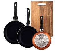 Well Home Lot de 3 poêles Ø16 Ø 20 Ø 24 cm en aluminium pressé en bronze métallisé + planche à découper 40,3 x 25,2 x 2,5 cm en bois d'acacia