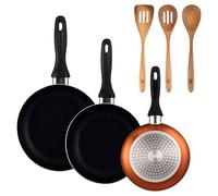 Well Home Lot de 3 poêles Ø16 Ø 20 Ø 24 cm en aluminium pressé en bronze métallisé + set 3 ustensiles de cuisine acacia