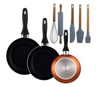 Well Home Lot de 3 poêles Ø16 Ø 20 Ø 24 cm en aluminium pressé en bronze métallisé + set de 5 ustensiles de cuisine en silicone et bois d'acacia