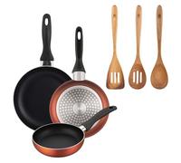 Well Home Lot de 3 poêles Ø16 Ø 20 Ø 24 cm en aluminium pressé en cuivre métallisé + lot de 3 ustensiles de cuisine en acacia