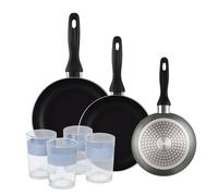 Well Home Lot de 3 poêles Ø16 Ø 20 Ø 24 cm en aluminium pressé en gris métallisé + lot de 4 verres de 0,5 l
