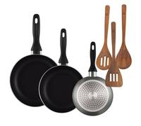 Well Home Lot de 3 poêles Ø16 Ø 20 Ø 24 cm en aluminium pressé en gris métallisé + set 3 ustensiles de cuisine bois d'acacia