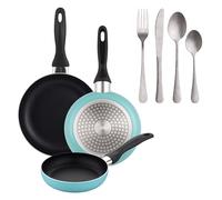 Well Home Lot de 3 poêles Ø16Ø20Ø24 cm en aluminium pressé bleu mat + set de 16 couverts en acier inoxydable