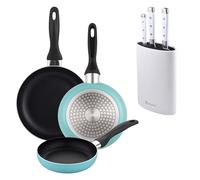 Well Home Lot de 3 poêles Ø16Ø20Ø24 cm en aluminium pressé en bleu mat + Jeu de 3 couteaux en acier inoxydable + tacoma de couleur blanche