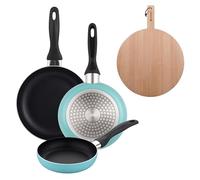 Well Home Lot de 3 poêles Ø16Ø20Ø24 cm en aluminium pressé en bleu mat + planche à découper ronde de 38 x 28 x 1,5 cm en bois de hêtre