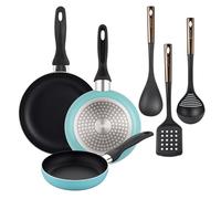 Well Home Lot de 3 poêles Ø16Ø20Ø24 cm en aluminium pressé en bleu mat + Set de 3 ustensiles de cuisine en PBT noir et cuivre
