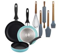 Well Home Lot de 3 poêles Ø16Ø20Ø24 cm en aluminium pressé en bleu mat + set de 5 ustensiles de cuisine en silicone et bois d'acacia