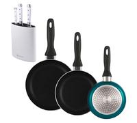 Well Home Lot de 3 poêles Ø16Ø20Ø24 cm en aluminium pressé en bleu métallisé + Jeu de 3 couteaux en acier inoxydable + tacoma de couleur blanche