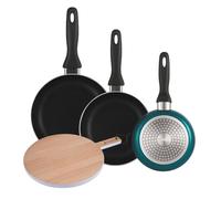 Well Home Lot de 3 poêles Ø16Ø20Ø24 cm en aluminium pressé en bleu métallisé + planche à découper ronde de 38 x 28 x 1,5 cm en bois de hêtre