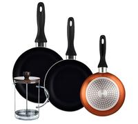 Well Home Lot de 3 poêles Ø16Ø20Ø24 cm en aluminium pressé en bronze métallisé + cafetière à piston en verre borosilicate 15,8 x 10 x 18,8 cm