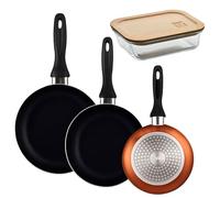 Well Home Lot de 3 poêles Ø16Ø20Ø24 cm en aluminium pressé en bronze métallisé + Hermétique de 650 ml en verre borosilicate