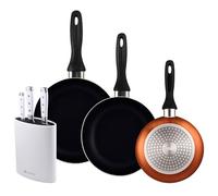 Well Home Lot de 3 poêles Ø16Ø20Ø24 cm en aluminium pressé en bronze métallisé + Jeu de 3 couteaux en acier inoxydable + tacoma de couleur blanche