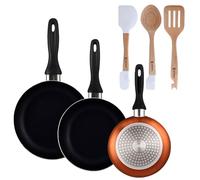Well Home Lot de 3 poêles Ø16Ø20Ø24 cm en aluminium pressé en bronze métallisé + lot de 3 ustensiles de cuisine en silicone et bois