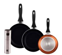 Well Home Lot de 3 poêles Ø16Ø20Ø24 cm en aluminium pressé en bronze métallisé + pulvérisateur d'huile et vinaigre Ø4 x 17,5 cm en acier inoxydable