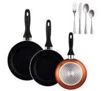 Well Home Lot de 3 poêles Ø16Ø20Ø24 cm en aluminium pressé en bronze métallisé + set de 16 couverts en acier inoxydable