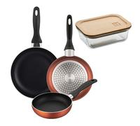 Well Home Lot de 3 poêles Ø16Ø20Ø24 cm en aluminium pressé en cuivre métallisé + Hermétique de 650 ml en verre borosilicate