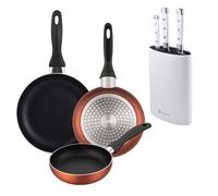 Well Home Lot de 3 poêles Ø16Ø20Ø24 cm en aluminium pressé en cuivre métallisé + Jeu de 3 couteaux en acier inoxydable + tacoma de couleur blanche