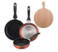 Well Home Lot de 3 poêles Ø16Ø20Ø24 cm en aluminium pressé en cuivre métallisé + planche à découper ronde de 38 x 28 x 1,5 cm en bois de hêtre