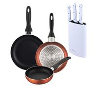 Well Home Lot de 3 poêles Ø16Ø20Ø24 cm en aluminium pressé en cuivre métallisé + Set de 3 couteaux avec tacoma en acier inoxydable