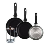 Well Home Lot de 3 poêles Ø16Ø20Ø24 cm en aluminium pressé en gris métallisé + cafetière à piston en verre borosilicate 15,8 x 10 x 18,8 cm