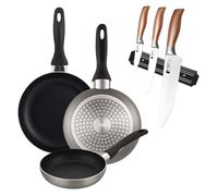 Well Home Lot de 3 poêles Ø16Ø20Ø24 cm en aluminium pressé en gris métallisé + Set de 3 couteaux en acier inoxydable avec support magnétique mural