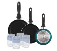 Well Home Lot de 3 poêles Ø16Ø20Ø24cm Aluminium Pressé Bleu Métallique+Set de 4 Verres 0,5L
