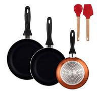 Well Home Lot de 3 poêles Ø16Ø20Ø24cm Aluminium pressé Bronze Métallique+Set de 2 Ustensiles de Cuisine Silicone