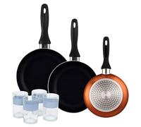 Well Home Lot de 3 Poêles Ø16Ø20Ø24cm Aluminium Pressé Bronze Métallique+Set de 4 Verres 0,5L