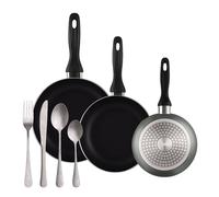 Well Home Lot de 3 poêles Ø16Ø20Ø24cm en aluminium pressé en gris métallisé + set de 16 couverts en acier inoxydable