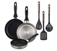 Well Home Lot de 3 poêles Ø16Ø20Ø24cm en aluminium pressé en gris métallisé + Set de 3 ustensiles de cuisine en PBT noir et cuivre