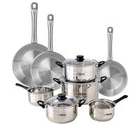 Well Home Set de batterie de cuisine 8 pièces et poêles en acier inoxydable Ø20 Ø24 et Ø28 x 5 cm, convient pour induction et sans antiadhésif