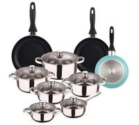 Well Home Set de batterie de cuisine de 12 pièces en acier inoxydable + 3 poêles Ø16Ø20Ø24cm Bleu mat en aluminium pressé