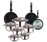 Well Home Set de batterie de cuisine de 12 pièces en acier inoxydable + 3 poêles Ø16Ø20Ø24cm Bleu métallisé en aluminium pressé