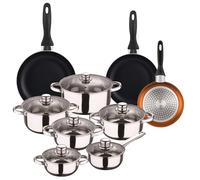 Well Home Set de batterie de cuisine de 12 pièces en acier inoxydable + 3 poêles Ø16Ø20Ø24cm Bronze métallisé en aluminium pressé