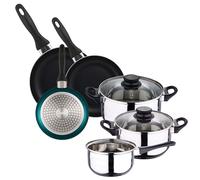 Well Home Set de batterie de cuisine de 5 pièces en acier inoxydable + 3 poêles Ø16Ø20Ø24cm Bleu métallisé en aluminium pressé