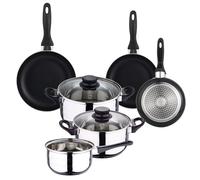 Well Home Set de batterie de cuisine de 5 pièces en acier inoxydable + 3 poêles Ø16Ø20Ø24cm Noir en aluminium pressé
