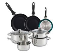 Well Home Set de batterie de cuisine de 7 pièces en acier inoxydable + 3 poêles Ø16Ø20Ø24cm Bleu métallisé en aluminium pressé