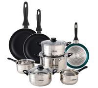 Well Home Set de batterie de cuisine de 8 pièces en acier inoxydable + 3 poêles Ø16Ø20Ø24cm Bleu métallisé en aluminium pressé