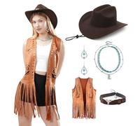 WELLATENT Tenues occidentales pour femme, chapeau de cowboy bohème, gilet à franges creuses, collier multicouche, outils hippie pour cosplay, marron, 3X-Large