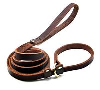 Wellbro Laisse pour Chien en Cuir véritable, réglable, Cousue avec Curseur, Laisse Plate et résistante, pour Chiens de Taille Moyenne et Grande, 1,5 m de Long x 1,8 cm de Large, Marron
