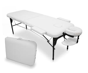 WELLCORE - Table Pliante en Aluminium, 185 x 65 cm, Similicuir, Hauteur réglable, Tête articulée, Trou du Visage, Bras latéraux, Blanc, Sac à Dos de Transport, Jusqu'à 225 kg